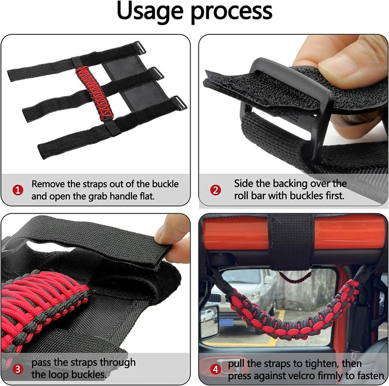 Kujunpao 4 X Roll Bar Grab Handles Grip Handle Compatible with Jeep Wrangler JLU JK JKU TJ YJ LJ JT JL & Gladiator JT 1987-2021 UTV & ATV, Fits 1.5 to 3 Inch Bars 3 Straps Woven Holder(Red) - Image 3